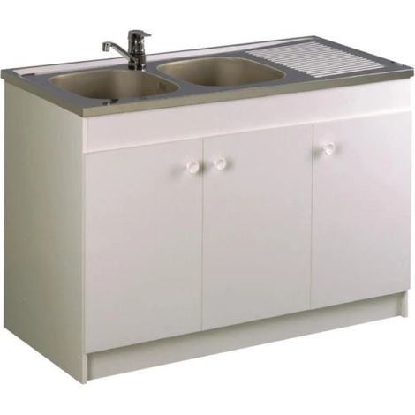 Aquarine – Meuble sous évier 3 portes en mélaminé blanc L120cm – Résistant à l'humidité – Pour rangement sous évier en cuisine ou buanderie (1/2)