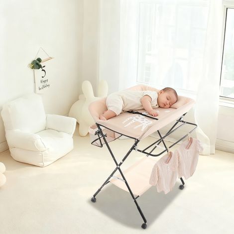 Table à langer Baignoire Pliable, Commode Mobile, Station à Langer avec Ceinture de Sécurité et Compartiments de Rangement (1/5)
