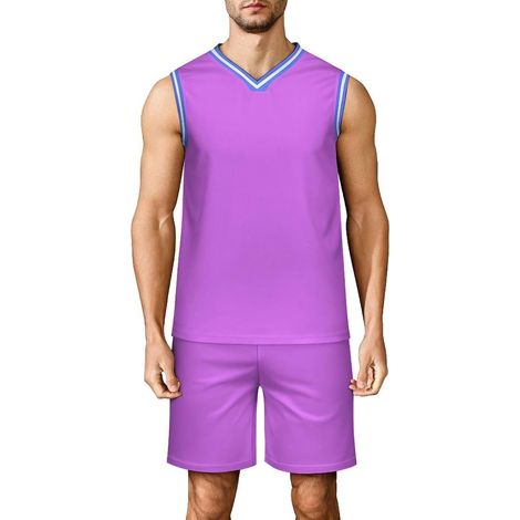 Men's Basketball Set, Adult Basketball Jersey, Sleeveless V-Neck Sports Outfit, Tank Top and Shorts for Fitness, Match, Training, Solid Color Print (1/5)
