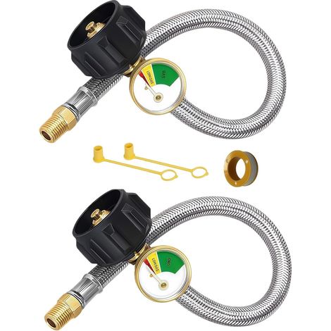 Tuyau de propane pour camping-car de 45,7 cm avec jauge, lot de 2 tuyaux tressés en acier inoxydable, 1/4" mâle NPT et QCC1 pour régulateur à deux étages, camping-car, barbecue, 350 psi (1/5)