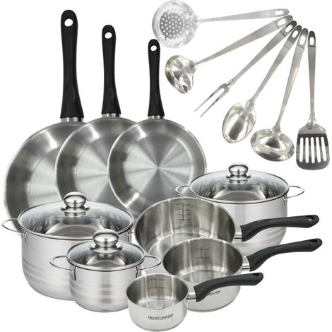 Set 3 poêles 20 24 28 cm 3 casseroles 12 16 20 cm, 3 faitouts 16, 20 et 24 cm en inox et 6 ustensiles inox Fackelmann Geneva