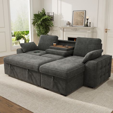 Sofá esquinero 3 plazas gris oscuro con almacenamiento, cama extraíble y USB (1/5)