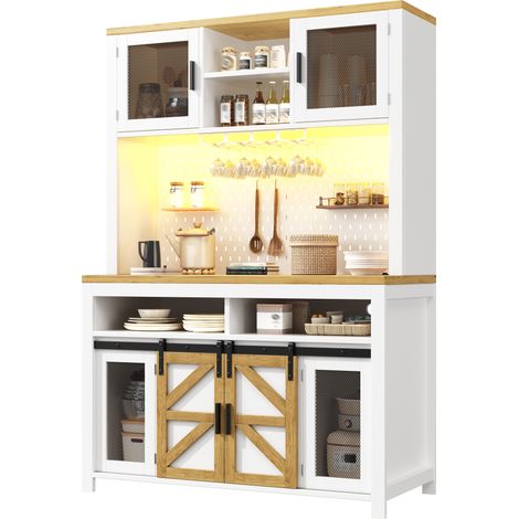 Armoire haute de cuisine LED avec prise USB, portes coulissantes et ouvrantes, rangement modulable en MDF blanc pour cuisine ou salon  CHICFURN (1/5)