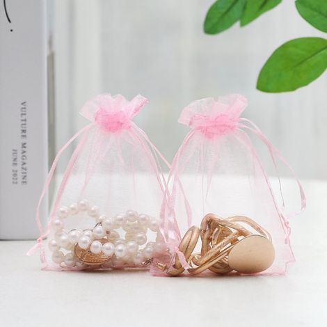 50 sachets en organza avec cordon de serrage, pour emballer des bijoux, des épices, des bonbons, etc., décorations de fête, 10x15 cm, rose. (1/5)
