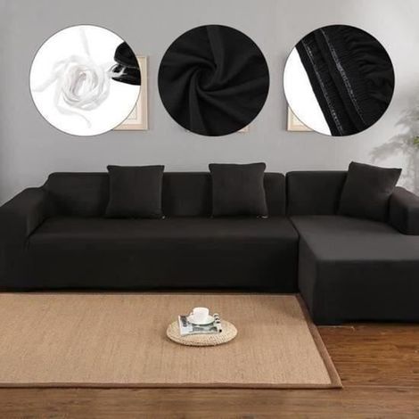 Housse de canapé - 4+2 places - Élastique - Coton - Noir (1/4)