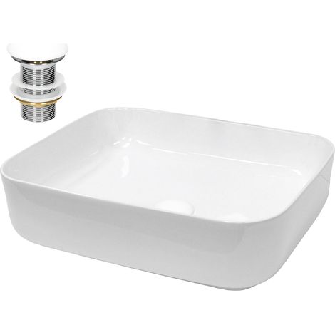 ECD Germany Lavabo da Appoggio con Set di Scarico 505 x 395 x 135 mm Ceramica Bianca Rettangolare Lavandino senza Troppopieno con Fori di Dimensioni Standard Lavamano da Bagno con Piletta (1/5)