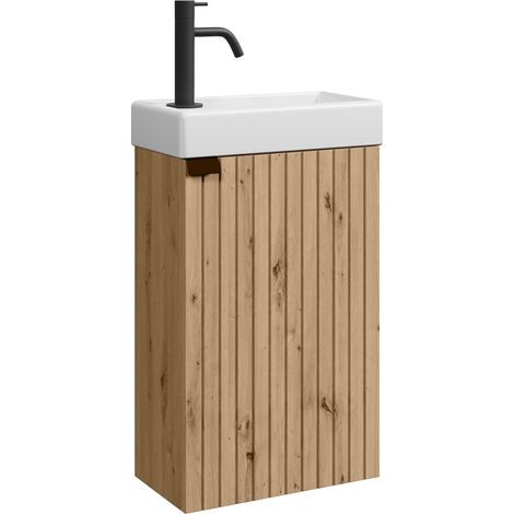 Badplaats – Meuble lave-mains suspendu 40 x 22 cm – Vasque céramique blanche avec trop-plein – Panneau cannelé – Fermeture amortie softclose (1/5)