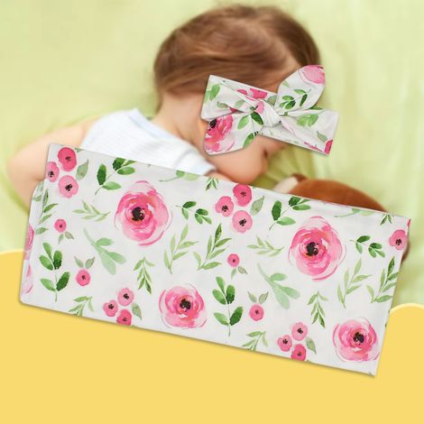 Couverture d'emmaillotage ultra douce à motif floral pour nouveau-né, avec bandeau pour les cheveux (6) (1/5)