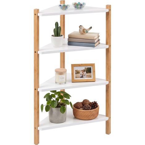 Relaxdays Corner Shelf, 80 x 46 x 25 cm, 4 Shelves, Living Room/Bathroom, MDF, Bamboo, Corner Unit, White/Natural (1/5)