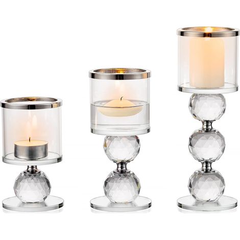 Support pour Bougies Piliers en Cristal, 3 Chandelier Bougeoir en Verre Transparent, Moderne Candélabre Photophore pour Table Deco Salon Noel Maison Cadeaux de Mariage, Argenté (1/5)
