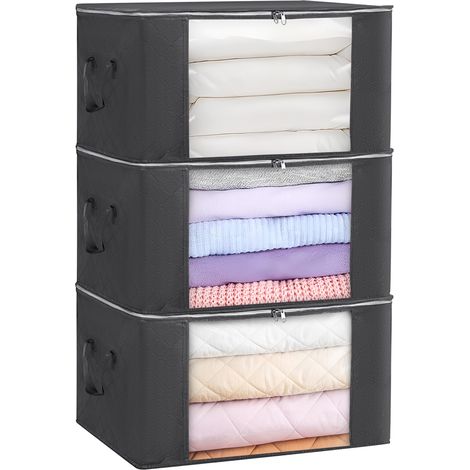 Dreierpack faltbare Aufbewahrungsboxen mit Sichtfenster, 3 Körbe mit 2 Griffen, Reißverschlusstasche für Kleidung, Organizer-Truhe aus Vliesstoff, Schlafzimmer, 90 l (1/5)