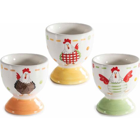 Coquetiers contact alimentaire en céramique colorée décor poules, lot de 9, diam. 5,5 cm x H. 6 cm
