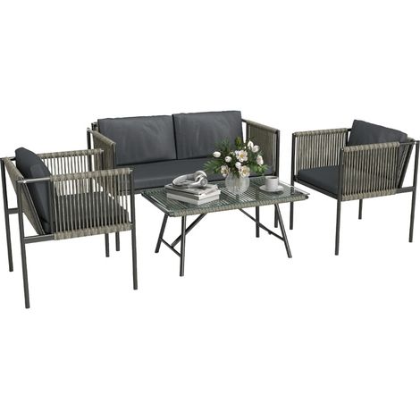 Ensemble de mobilier de jardin 4 pièces avec canapé double, 2 fauteuils et table en verre gris (1/5)