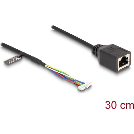 Delock Cable RJ45 hembra a conector hembra de 1,25 mm 4 pines y conector hembra de 1,25 mm 6 pines Cat.5e 30 cm negro