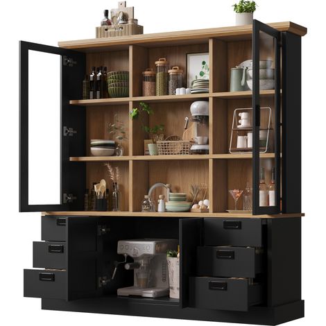 Buffet de cuisine haut avec 6 tiroirs, portes vitrées, rangement à étages, structure MDF et métal, anti-basculement, noir, pour cuisine et salle à manger – CHICFURN (1/5)