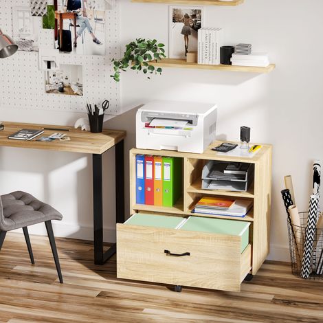 Armario de oficina de madera multiusos, armario para impresora con 5 ruedas, cajón y estante ajustable, 77x40x73cm, madera