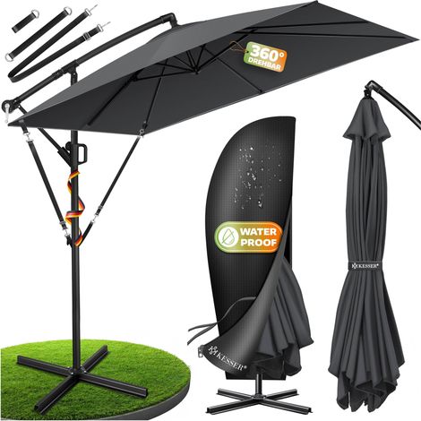 KESSER® Ampelschirm Holly Sonnenschirm Rechteckig mit und ohne LED Solar inkl. Abdeckung + Windsicherung mit Kurbel  Kurbel-Schirm mit Ständer   Anthrazit / Ohne LED (1/5)