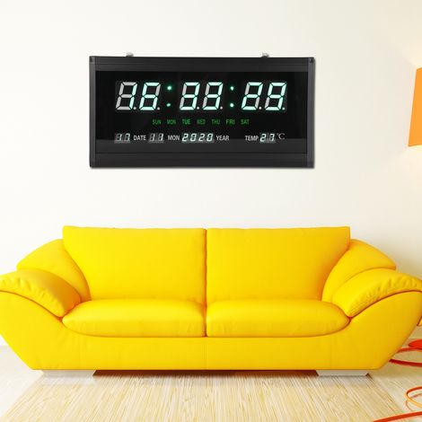 Horloge murale numérique perpétuelle à LED, calendrier suspendu, pour salon ou bureau, prise UE 110-220 V, cadre noir, chiffres verts (1/5)