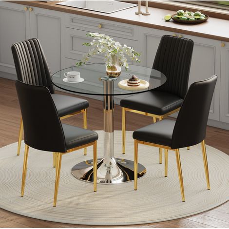 Ensemble table à manger ronde en verre 85 cm avec 4 chaises en PU noir et métal (1/5)