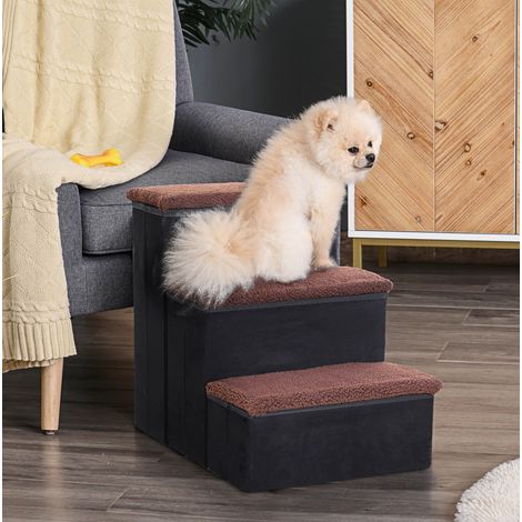 Escalier pour animaux pliable à 3 marches avec rangement, revêtement ultra doux, structure en bois noir 40 x 54 x 48 cm, pour chiens et chats  CHICFURN (1/5)