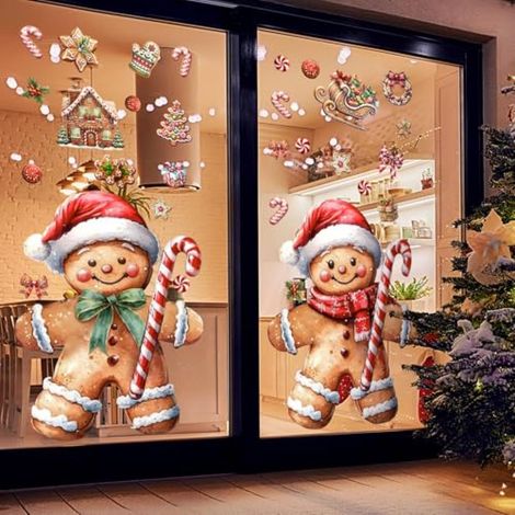 2 feuilles d'autocollants extra larges pour fenêtres, motif pain d'épice, cannes de Noël, maison en pain d'épice et éléments festifs – 90 x 40 cm. Décorations de Noël pour la maison, les magasins et l