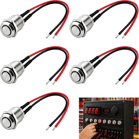 Lot de 5 Bouton Poussoir, Bouton-Poussoir Étanche en Acier 12 mm en Acier Inoxydable avec Fils, Interrupteur Rond Marche/Arrêt 2A 12V/24V/125V/250V, Bouton-Poussoir Universel pour Klaxon, Voiture (1/5)