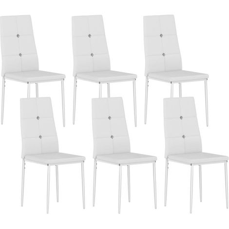 Lot de 6 chaises blanches en similicuir avec dossier haut capitonnage boutons et acier, élégance pour salle à manger
