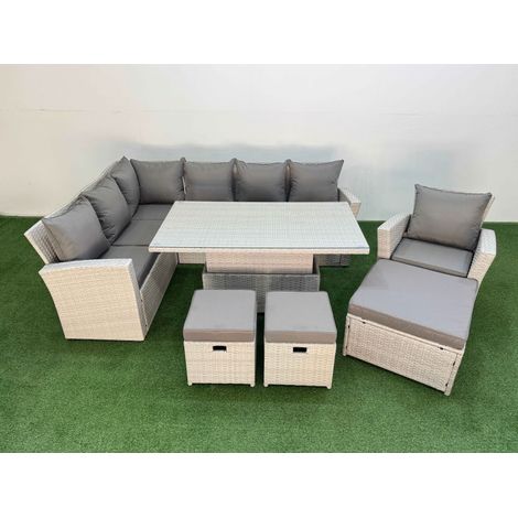 Fimous 10 Seat Rattan Outdoor Garden Furniture Corner Sofa Set Adjustable Lifting Dining or Coffee Table Set with 3 Footstools Light Grey (1/5)