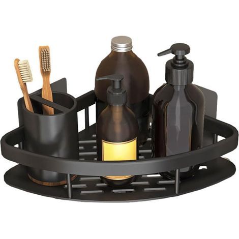Adhesive shower caddy, no drilling required, wall-mounted, bathroom, double triangle, black (1/5)