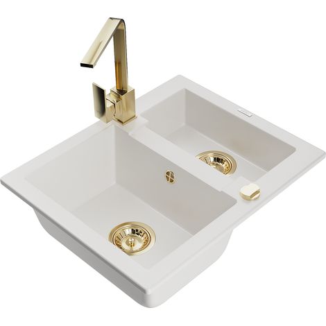 Mexen Carlos fregadero de granito de 1,5 senos con grifo de cocina Rita, blanco - 6518-20-670300-50 (1/5)