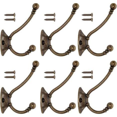 Lot de 6 patères murales vintage en métal pour porte, chapeaux, penderie, salle de bain, cuisine, fonte, laiton, bronze (vis incluses) (1/3)