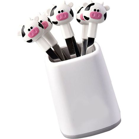 Ensemble de 6 fourchettes à fruits pour enfants, en acier inoxydable, motif veau mignon, idéales pour les desserts, les boîtes à bento et les fêtes (blanc).