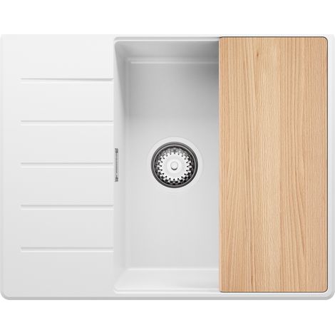 PRIMAGRAN Evier Cuisine en Granit 62x50cm, Lavabo 1 bac + Kit de Vidage + Planche à Découper, Évier à Encastrer au meuble 50cm - Copenhague, Blanc (1/5)