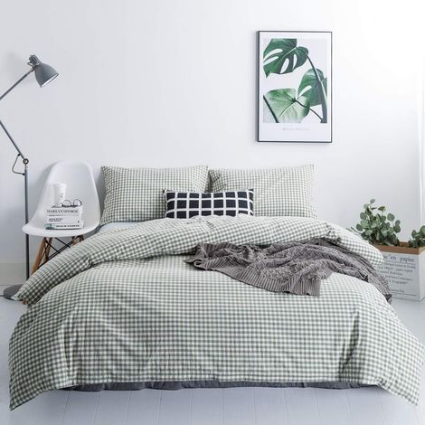Parure de lit 3 pièces avec Housse de Couette à Carreaux 100% Coton délavé – 1 Housse de Couette à Fermeture éclair et 2 taies d'oreiller – Vert Vichy Vert – pour Grand lit (1/5)