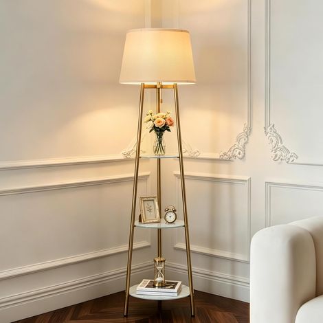 Lampe sur Pied de Salon avec Étagères, Abat-Jour en Lin, LED Incluse  Lampadaire Trépied en Métal et Verre Trempé, 3 Températures de Couleur 2700K/4500K/6500K, pour Salon, Chambre, Bureau (1/5)