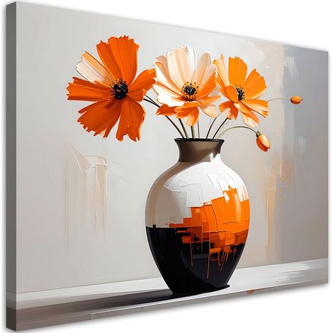 Quadro su tela, Fiori arancioni in un vaso decorativo bianco e nero. - 60x40 (1/2)