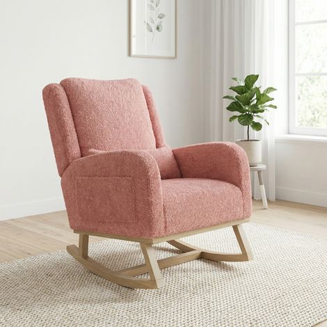 Schaukelstuhl Relaxsessel mit Seitentaschen und Kissen, 93x70x96cm Ergonomischer Loungesessel, Teddy-Stoff, Massivholzgestell, Rosa