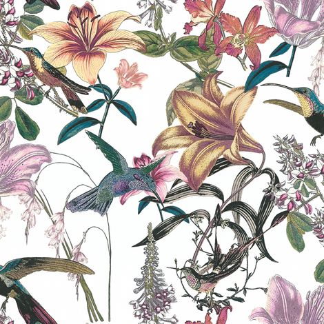 BRICOFLOR Papier peint fleurs et oiseaux | Papier peint colibri | Papier peint fleur de lys | Papier peint motif tropical - 10,05 x 0,53 m (1/5)