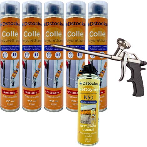 DSTOCK60 - Lot de 5 colles de montage polyuréthane + 1 pistolet + 1 nettoyant mousse - Mousse polyuréthane faiblement expansive pour le collage des panneaux isolants, rouleaux de bitume, huisseries…