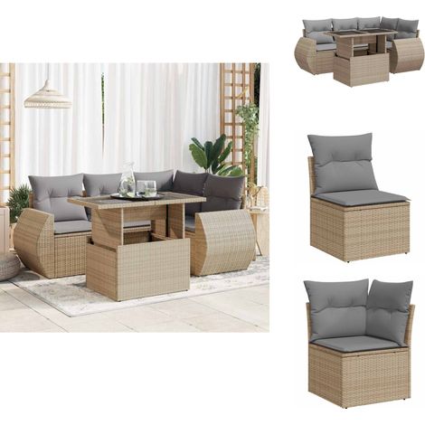 5-tlg. Garten-Sofagarnitur mit Kissen Beige Poly Rattan - Gartensofa Set - Garten Sofa Set - Outdoor Sofa Set - Garten Sofagarnitur (1/5)