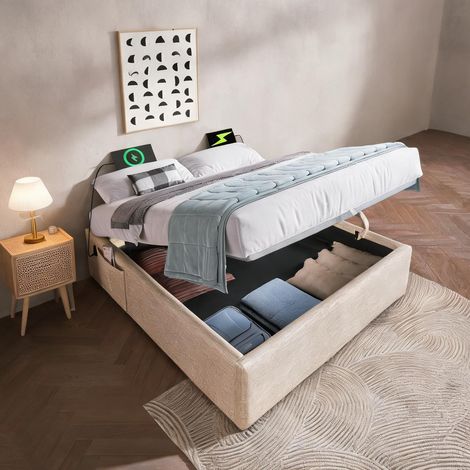 Cadre de lit beige Natural en lin 202 x 141 x 29 cm (1/5)