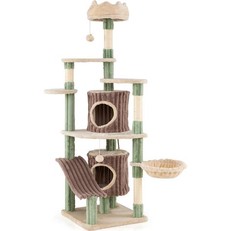 Jeux et Repos Arbre à Chat 163 cm Multi-Niveaux avec 2 Niches Poteaux Griffoir Sisal et Rampe Toboggan pour Chats Chatons Vert (1/2)