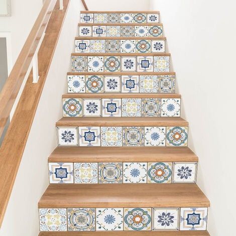 Autocollants adhésifs pour carreaux d'escalier - Autocollants pour contremarches - Carreaux de ciment - 18 x 100 cm - Lot de 6 (1/4)