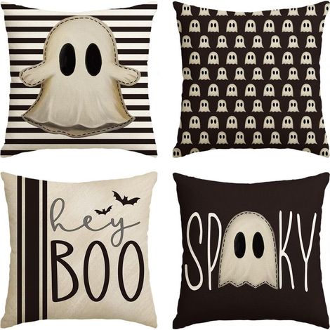 Taies d'oreiller effrayantes Halloween Hey Boo, 45 x 45 cm, motif fantômes mignons, lot de 4, noires (1/5)