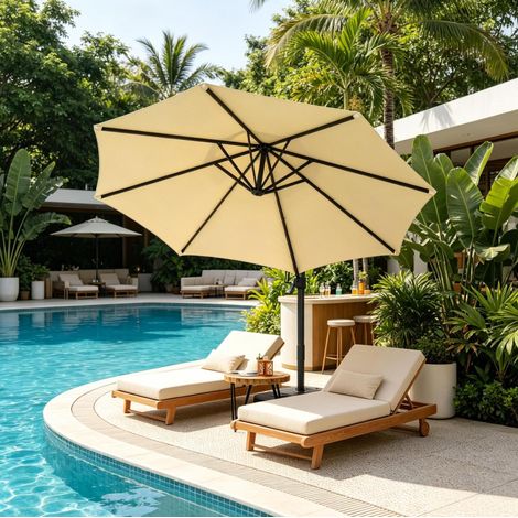 Parasol déporté octogonal 295 cm avec rotation 360 degrés et inclinaison 5 positions, manivelle, aluminium, beige (1/5)
