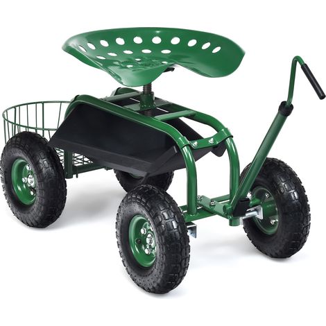 Chariot de jardin dirigeable vert avec poignée extensible, siège pivotant 360°, panier de rangement et pneus gonflables en caoutchouc, cadre acier anti-rouille (1/5)