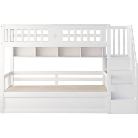 Litera alta 90 x 200 cm de madera blanca con almacenaje hidráulico y escalera (1/5)