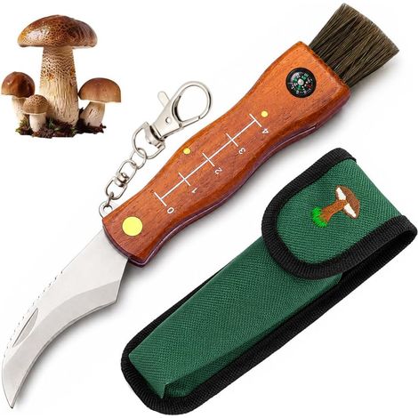 Couteau Champignon avec Brosse Pliable, Règle, Boussole Intégrée, Lame Inox avec Sac de Rangement, pour cueillir et nettoyer les champignons, pour Camping (1/5)