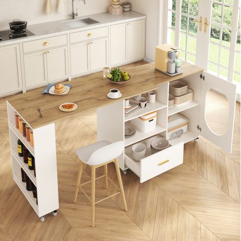 Isla de cocina móvil 120 a 180 x 60 x 90 cm MDF metal blanco almacenaje - CHICFURN (1/5)