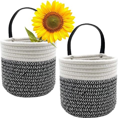 Panier de Rangement, 15,2 cm Decoration Chambre Panier Rangement Rond, Petit Panier Rangement Salle de Bain avec Poignées, Panier Suspendu pour, Cuisine, Chambre (Noir et blanc) (1/5)